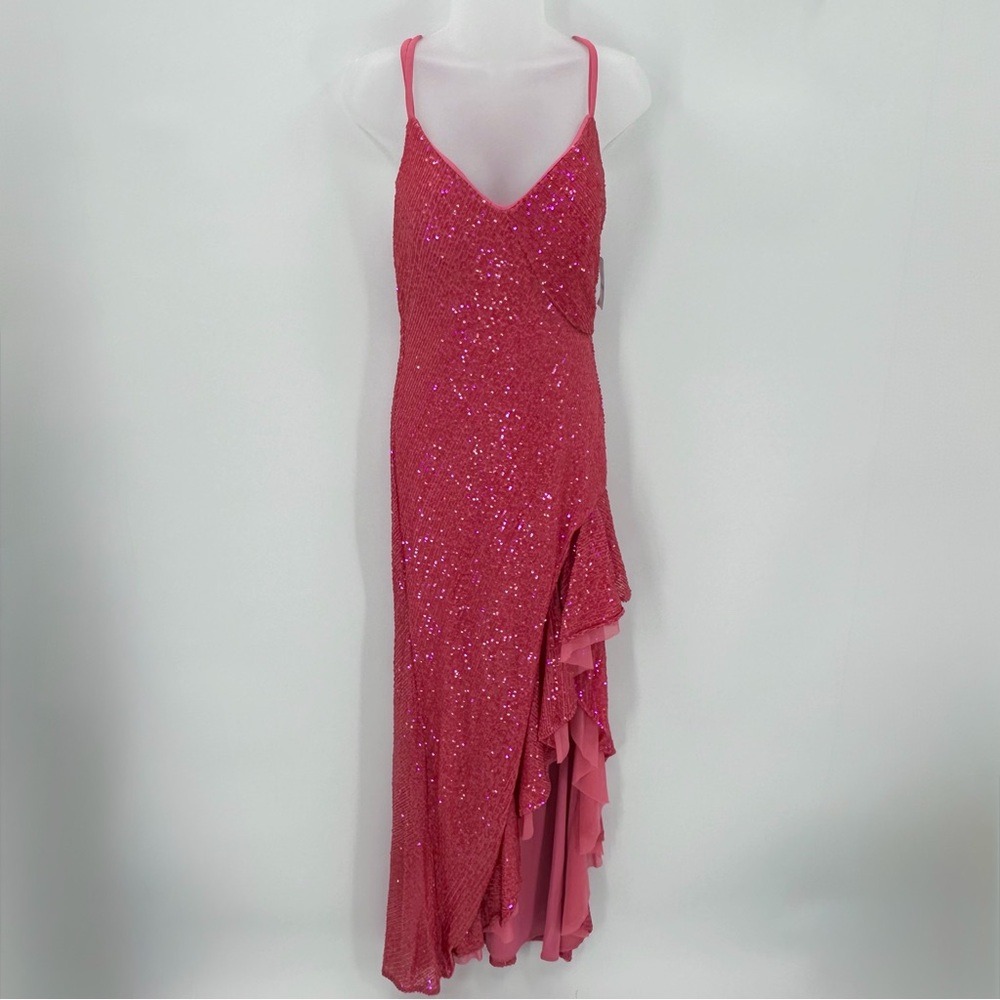 Morgan & Co Formal Dress Juniors 1 Pink Sequin Gown Prom Strappy Ruffle Slit